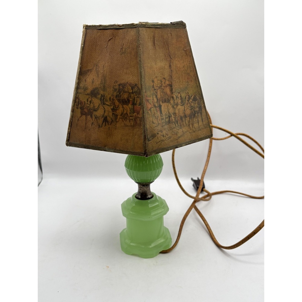 Vintage 1930s Jadeite Green Glass Art Deco Table Lamp Horse Carriage Shade Works